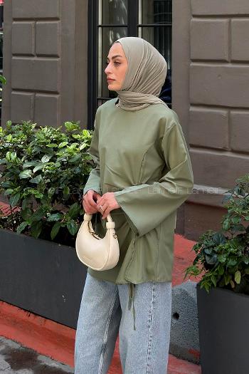 Lamelif Yan Büzgü Tasarım Tunik Yeşil