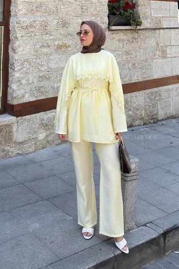 Lamelif Dantel Detaylı Tunik-Pantolon Takım Sarı