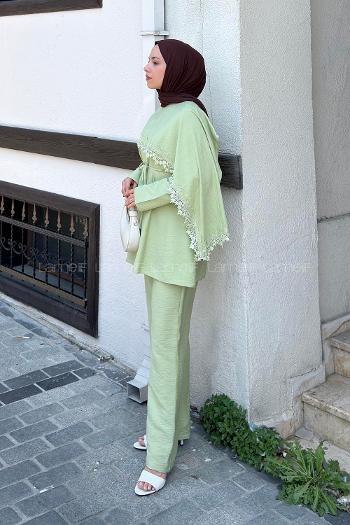 Lamelif Dantel Detaylı Tunik-Pantolon Takım Yeşil