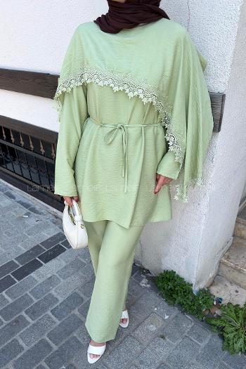 Lamelif Dantel Detaylı Tunik-Pantolon Takım Yeşil