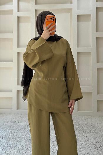 Lamelif Dökümlü Bluz Ve Pantolon Takım Yağ Yeşili
