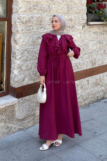 Lamelif Omuz Kat Kat Detaylı Efil Elbise Bordo