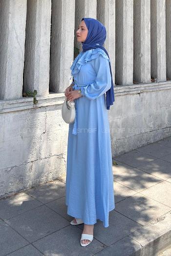Lamelif Omuz Kat Kat Detaylı Efil Elbise Mavi