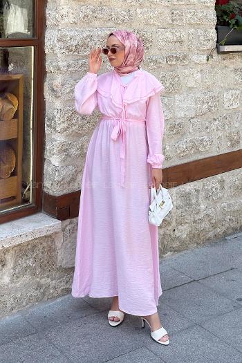 Lamelif Omuz Kat Kat Detaylı Efil Elbise Pembe