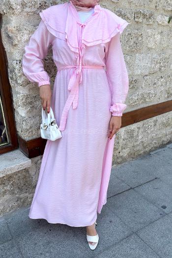 Lamelif Omuz Kat Kat Detaylı Efil Elbise Pembe