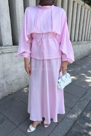 Lamelif Pelerin Tasarım Bluz İkili Takım Pembe