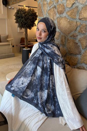 Lamelif Vintage Flower Desen Bambu Şal Antrasit