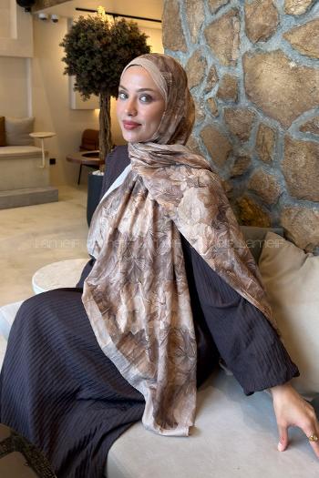 Lamelif Vintage Flower Desen Bambu Şal Koyu Bej