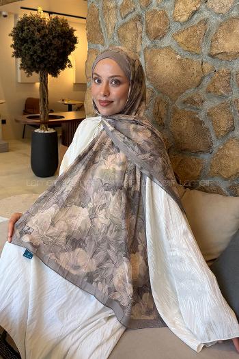 Lamelif Vintage Flower Desen Bambu Şal Vizon