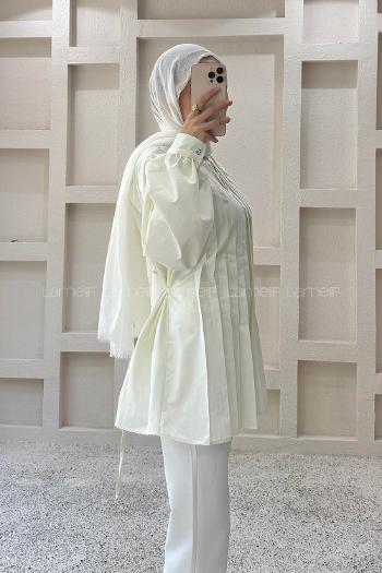 Cream Neckband Long Arm Cotton Polyester Blouse