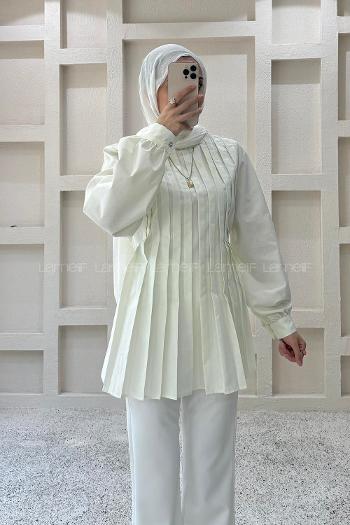 Cream Neckband Long Arm Cotton Polyester Blouse
