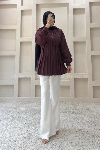 Lamelif Pile Detaylı Bluz Mürdüm