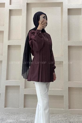 Lamelif Pile Detaylı Bluz Mürdüm