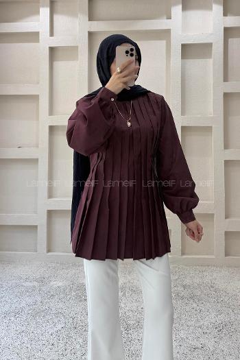 Lamelif Pile Detaylı Bluz Mürdüm