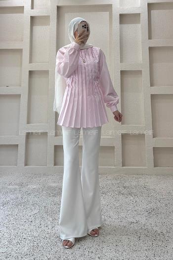 Pink Neckband Long Arm Cotton Polyester Blouse
