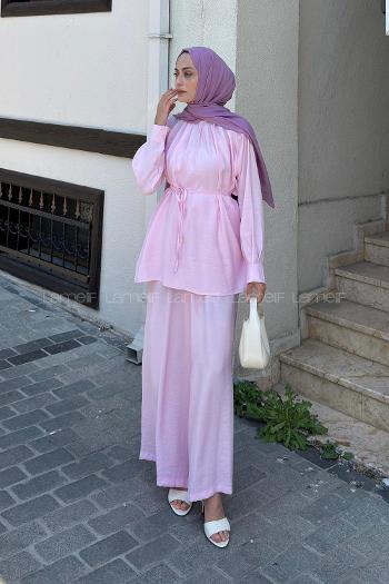 Pink Crew Neck Long Arm Modal Regular Trousers Comfortable Suit