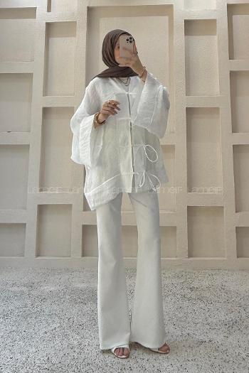 Lamelif Bağlama Detaylı Tül Kimono Beyaz