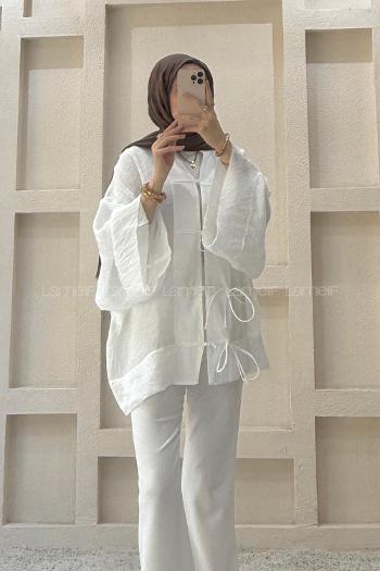 Lamelif Bağlama Detaylı Tül Kimono Beyaz