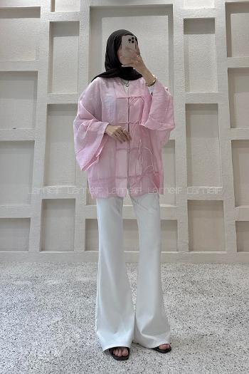 Lamelif Bağlama Detaylı Tül Kimono Pembe