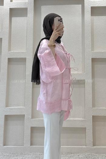 Lamelif Bağlama Detaylı Tül Kimono Pembe