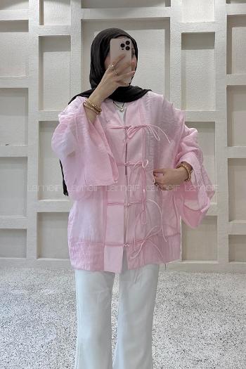 Lamelif Bağlama Detaylı Tül Kimono Pembe
