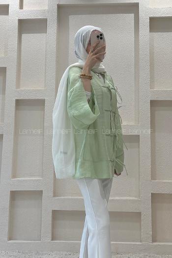 Lamelif Bağlama Detaylı Tül Kimono Yeşil