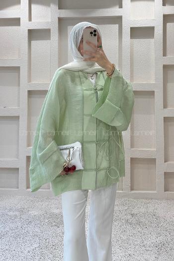 Lamelif Bağlama Detaylı Tül Kimono Yeşil