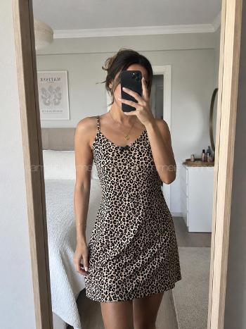Lamelif Kadın Leopar  Desenli  Gecelik Kaşkorse Elbise