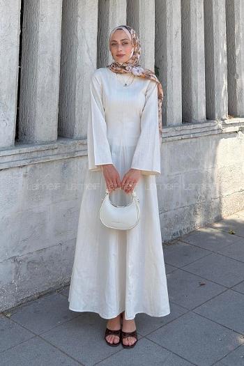 Cream Crew Neck Linen Unprinted Dresess