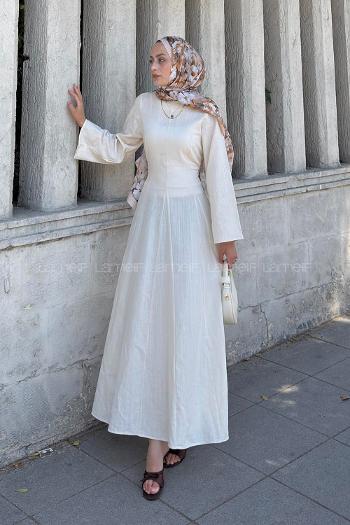 Cream Crew Neck Linen Unprinted Dresess