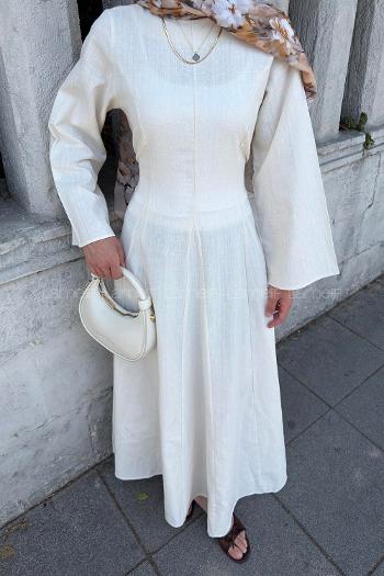 Cream Crew Neck Linen Unprinted Dresess