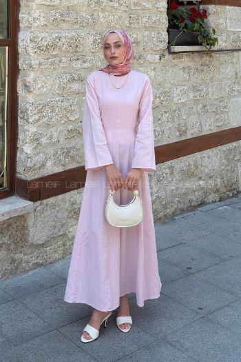 Pink Crew Neck Linen Unprinted Dresess