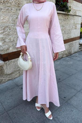 Pink Crew Neck Linen Unprinted Dresess