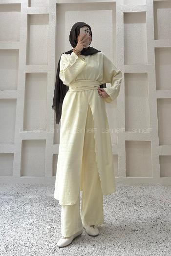 Yellow Neckband Long Arm Belted Cotton Cotton Fabric Regular Trousers Suit