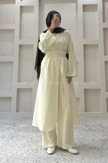 Yellow Neckband Long Arm Belted Cotton Cotton Fabric Regular Trousers Suit