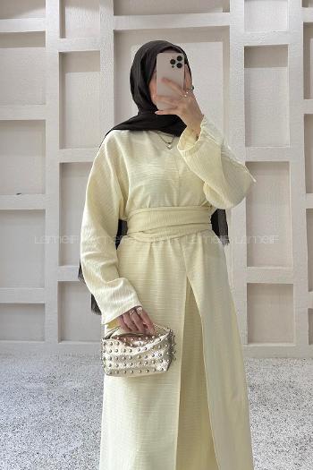 Yellow Neckband Long Arm Belted Cotton Cotton Fabric Regular Trousers Suit