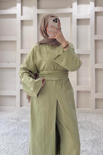 Oil Green Neckband Long Arm Belted Cotton Cotton Fabric Regular Trousers Suit
