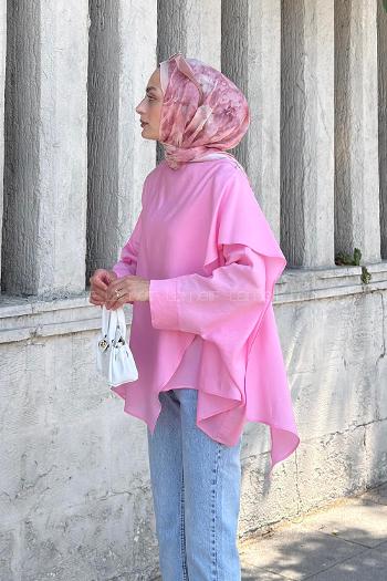 Pink Crew Neck Long Arm Cotton Blouse