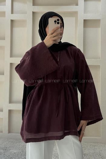 Lamelif Bağlama Detaylı Tül Modal Tunik Mürdüm