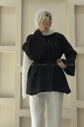 Lamelif Bağlama Detaylı Tül Modal Tunik Siyah