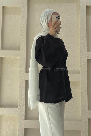 Lamelif Bağlama Detaylı Tül Modal Tunik Siyah