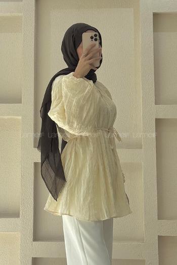 Lamelif Dik Yaka Çizgili Şifon Tunik Krem