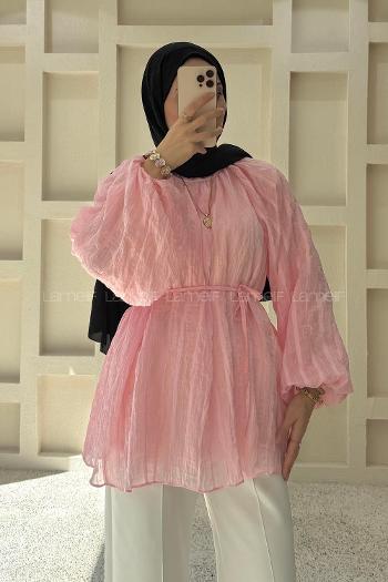 Lamelif Dik Yaka Çizgili Şifon Tunik Pembe