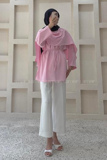Lamelif Şal Detaylı Kemerli Tunik Pembe