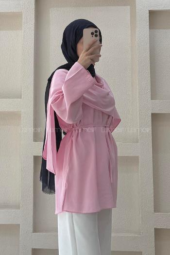 Lamelif Şal Detaylı Kemerli Tunik Pembe