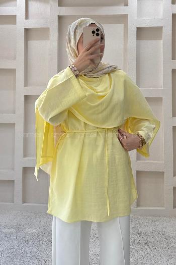 Lamelif Şal Detaylı Kemerli Tunik Sarı