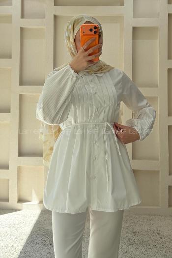 Lamelif İnci Detaylı Pileli Gömlek Beyaz