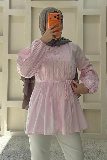 Lamelif İnci Detaylı Pileli Gömlek Pembe