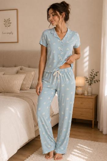 Lamelif Kadın Kalp Desenli Fiyonk Özel Dikiş Pijama Takımı
