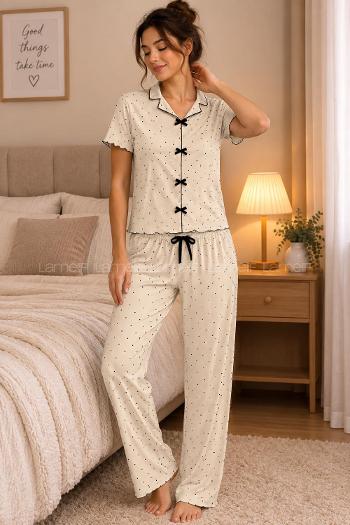 Lamelif Kadın Puantiye Desenli Fiyonk Özel Dikiş Pijama Takımı